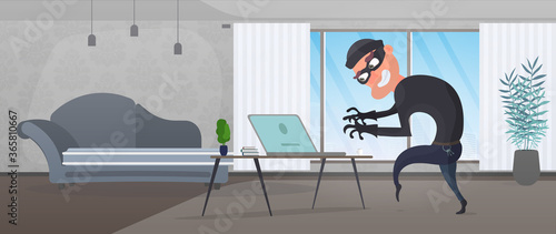 The thief entered the apartment and steals the laptop. An office robber steals data. Security and robbery concept. Vector.