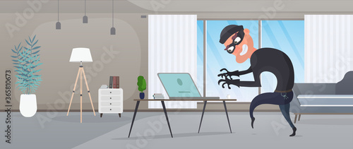 The thief entered the apartment and steals the laptop. An office robber steals data. Security and robbery concept. Vector.