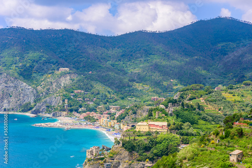 Monterosso - Village of Cinque Terre National Park at Coast of Italy. Province of La Spezia, Liguria, in the north of Italy - Travel destination for hiking and attraction in Europe.