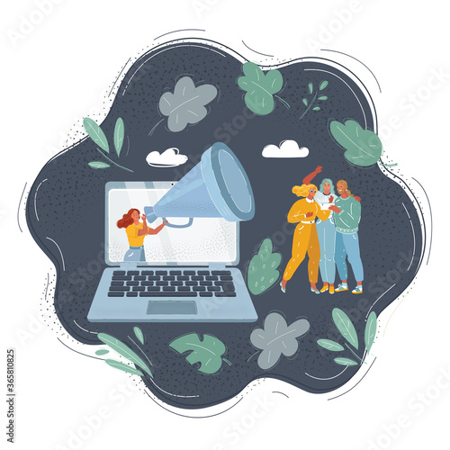 Vector illustration of woman. Influencer woman blogger broadcasts to audience on her channel blog. Woman at laptop screen.