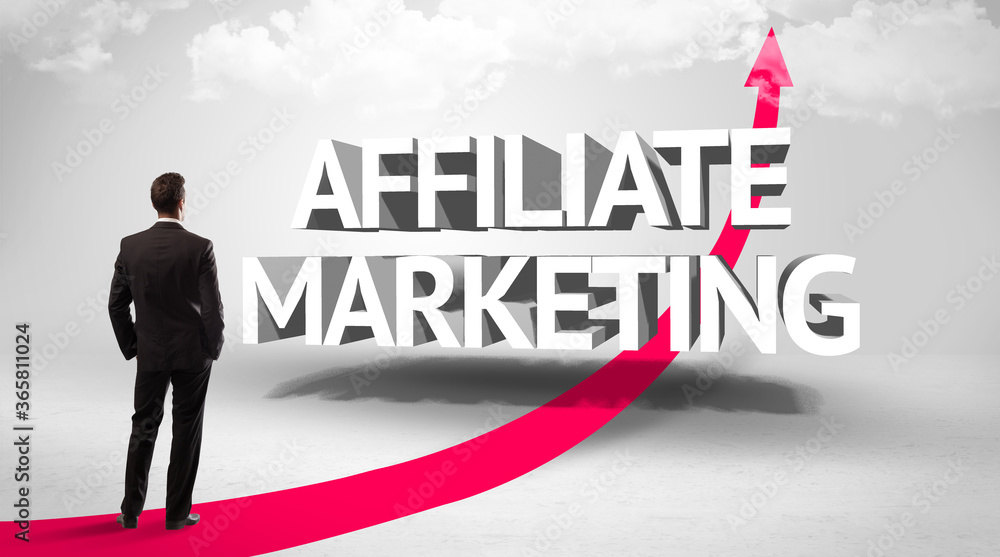 Rear view of a businessman standing in front of AFFILIATE MARKETING inscription, successful business concept Rear view of a businessman standing in front of AFFILIATE MARKETING inscription, successful business concept