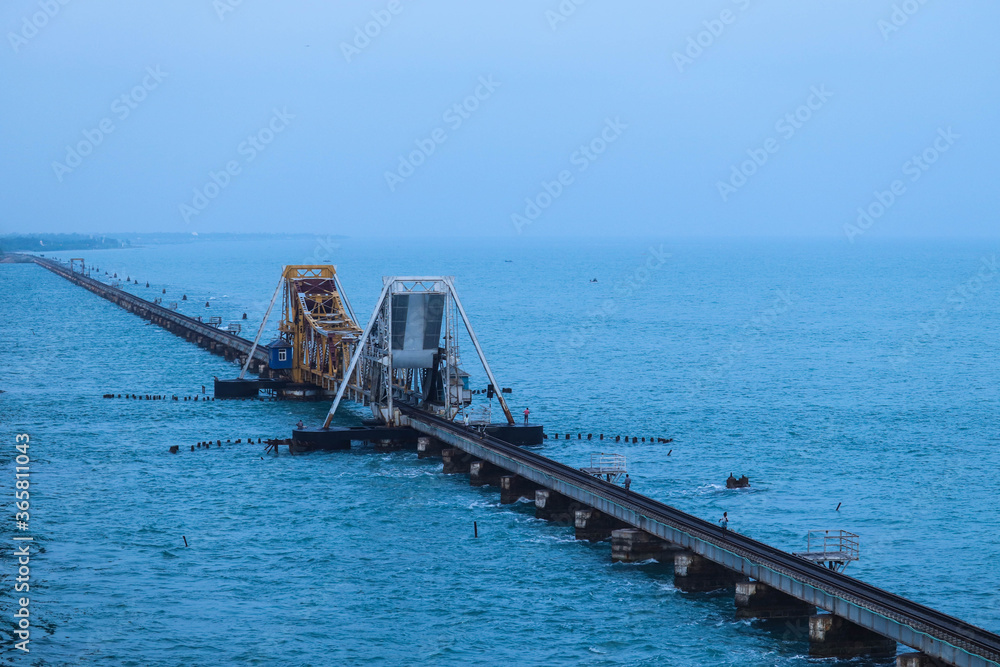 Pamban Railway Track Bridge Constructed On Indian Ocean In Pamban Island. A Famous Tourist Destination In Rameswaram Tamil Nadu India