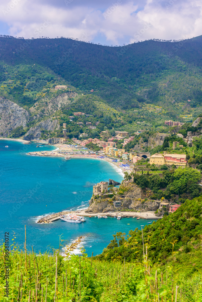 Monterosso - Village of Cinque Terre National Park at Coast of Italy. Province of La Spezia, Liguria, in the north of Italy - Travel destination for hiking and attraction in Europe.