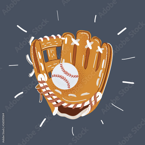 Vector illustration of hand in baseball glove and ball in it. Object on dark background.
