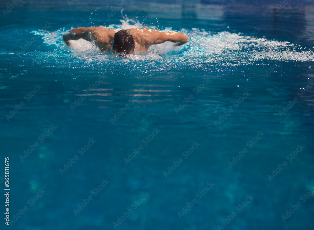 Male swimmer at the swimming pool. Underwater photo. Male swimmer.