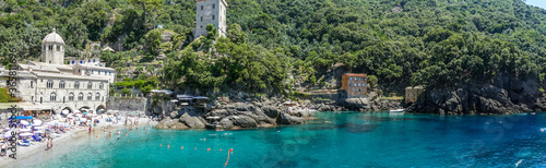 Panoramic view of the bay of San Fruttuoso with turquoise water