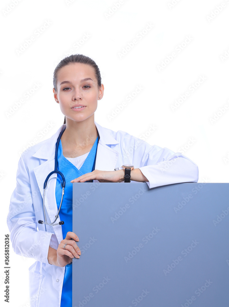 A female doctor with a blank billboard. Woman doctor A female doctor with a blank billboard. Woman doctor