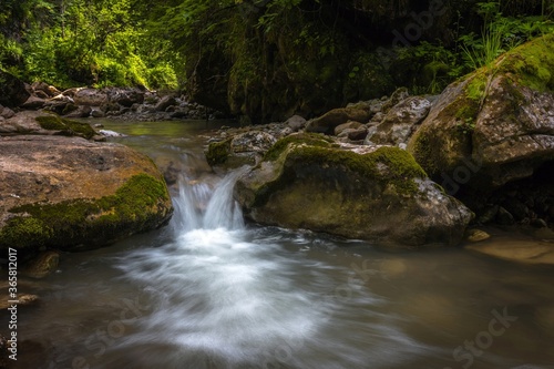 Beautiful Kurjips (Kurdzips) river flowing in shadow under big green trees between big rocks. Lagi Naki plateau in the Caucasus mountains, Russia.