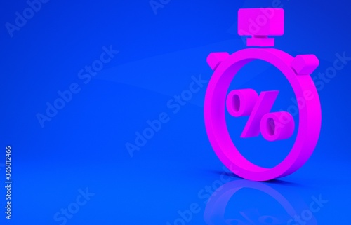 Pink Stopwatch and percent icon isolated on blue background. Time timer sign. Minimalism concept. 3d illustration. 3D render.