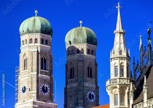 The top of the two towers of Frauenkirche (English: Cathedral of Our Dear Lady), a church in the Bavarian city of Munich, Germany.