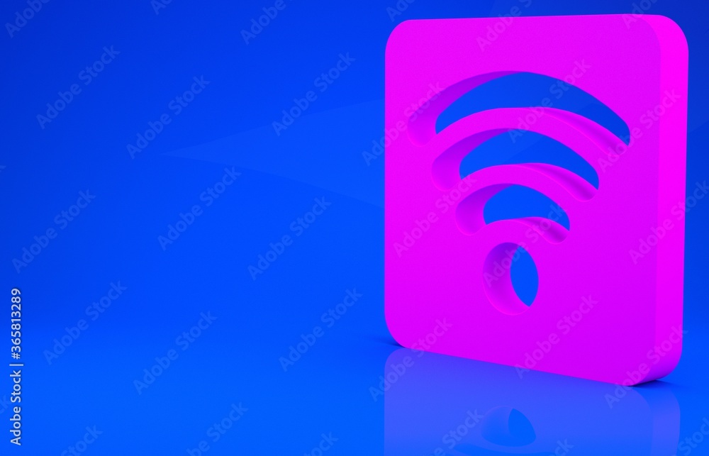 Pink Wi-Fi wireless internet network symbol icon isolated on blue background. Minimalism concept. 3d illustration. 3D render.