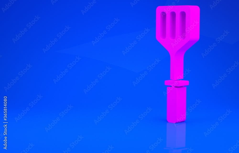 Pink Spatula icon isolated on blue background. Kitchen spatula icon. BBQ spatula sign. Barbecue and grill tool. Minimalism concept. 3d illustration. 3D render. Pink Spatula icon isolated on blue background. Kitchen spatula icon. BBQ spatula sign. Barbecue and grill tool. Minimalism concept. 3d illustration. 3D render.