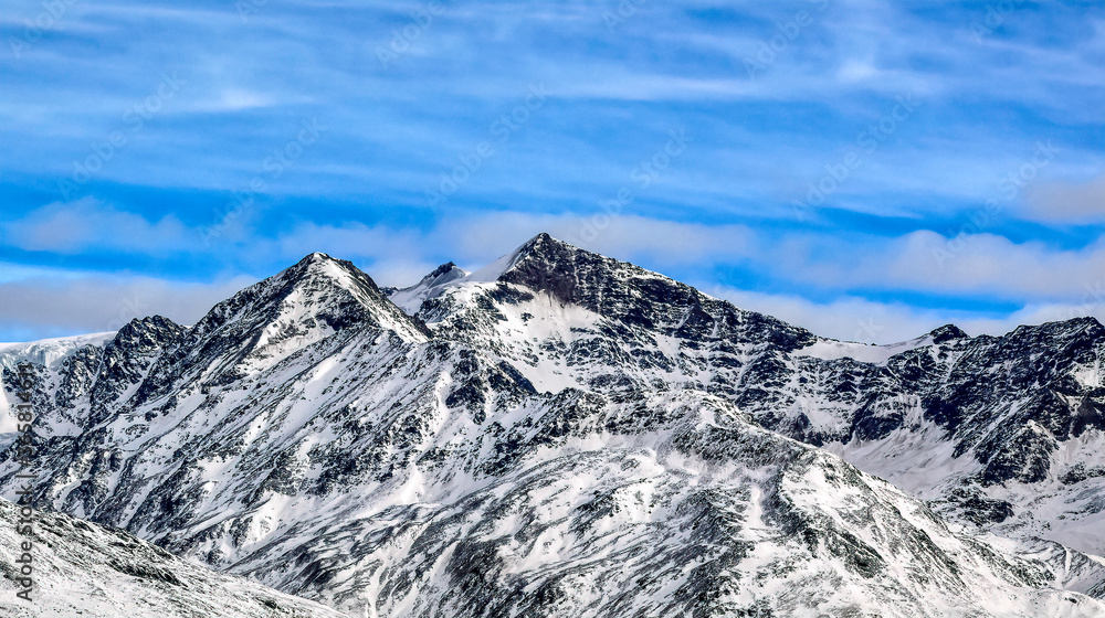 Mountain peak under snow in Dolomites, Northern Italy, Bormio region.