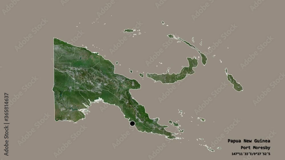 Milne Bay, province of Papua New Guinea, with its capital, localized, outlined and zoomed with informative overlays on a satellite map in the Stereographic projection. Animation 3D Milne Bay, province of Papua New Guinea, with its capital, localized, outlined and zoomed with informative overlays on a satellite map in the Stereographic projection. Animation 3D
