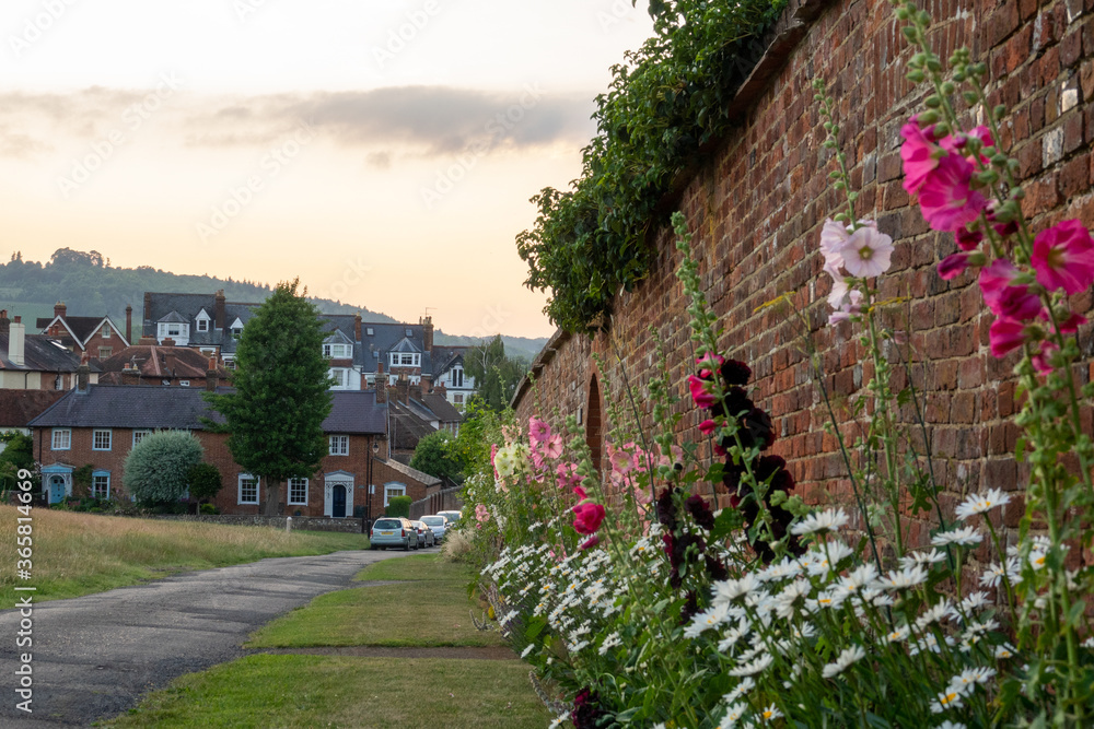 Attractive large residential houses lined with flowers in Surrey, south east England 