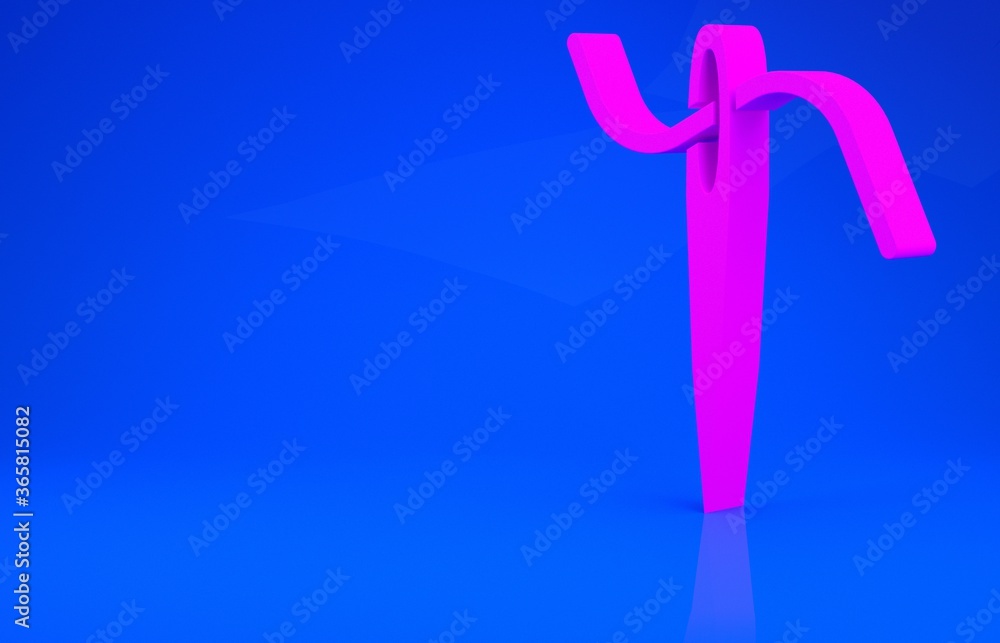 Pink Needle for sewing with thread icon isolated on blue background. Tailor symbol. Textile sew up craft sign. Embroidery tool. Minimalism concept. 3d illustration. 3D render. Pink Needle for sewing with thread icon isolated on blue background. Tailor symbol. Textile sew up craft sign. Embroidery tool. Minimalism concept. 3d illustration. 3D render.
