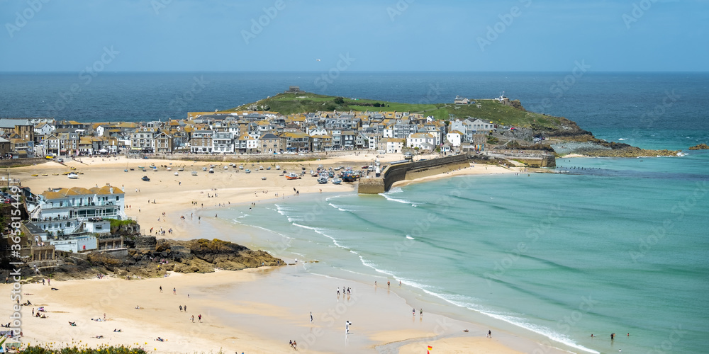 Wide view of St Ives harbour front, a famous English fishing town and popular tourist destination