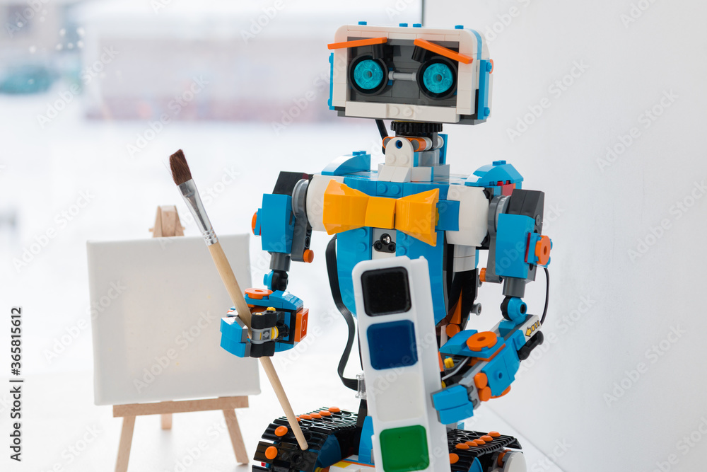 November, 2017. Minsk, Belarus. STEM education. Lego Boost Robot Vernie.  Robotics class for child and teen. School. Mathematics. Chemistry.  Engineering. Science. Best toy of the year. Mock up. Stock Photo | Adobe  Stock