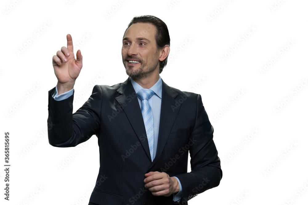 Mature businessman using virtual screen on white background. Happy businessman isolated on white background. Mature businessman using virtual screen on white background. Happy businessman isolated on white background.