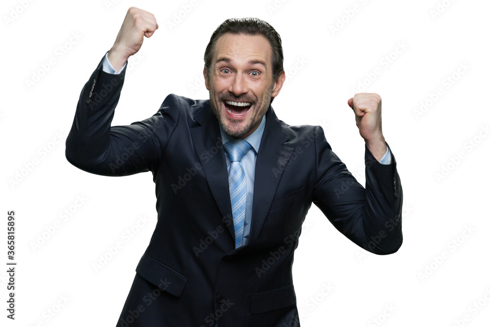 Smiling businessman rejoices in his victory. Successful middle-aged boss isolated on white background. Smiling businessman rejoices in his victory. Successful middle-aged boss isolated on white background.