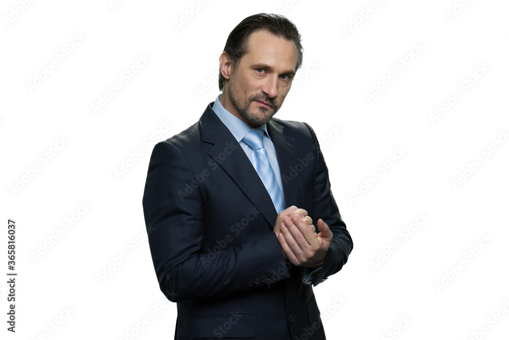 Thoughtful boss in suit. Portrait of handsome middle-aged man isolated on white background. Thoughtful boss in suit. Portrait of handsome middle-aged man isolated on white background.