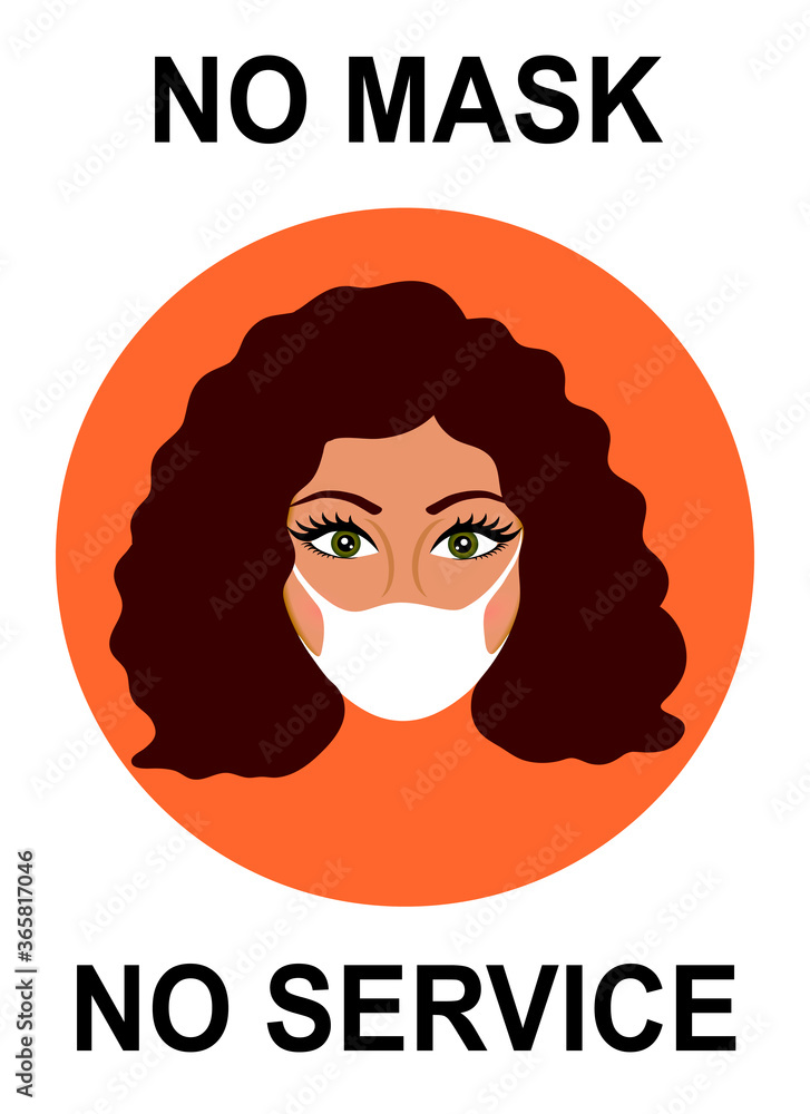 No mask no service poster. Mask required banner. Latina (african) woman