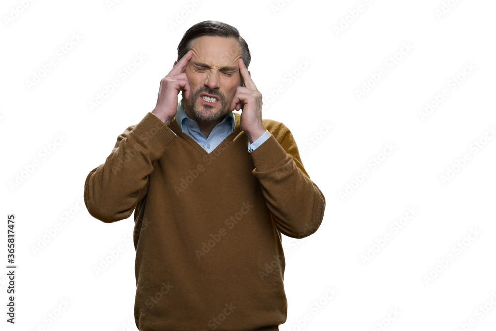 Middle-aged european man has a headache. Portrait of sick man with headache isolated on white background. Middle-aged european man has a headache. Portrait of sick man with headache isolated on white background.