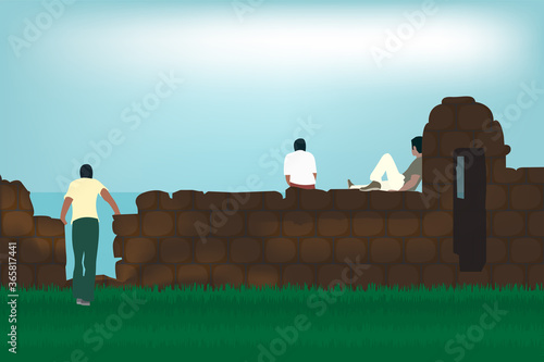 3 friends on a vacation. Men relaxed at a fort in Goa. Iconic bollywood movie scene from Goa.