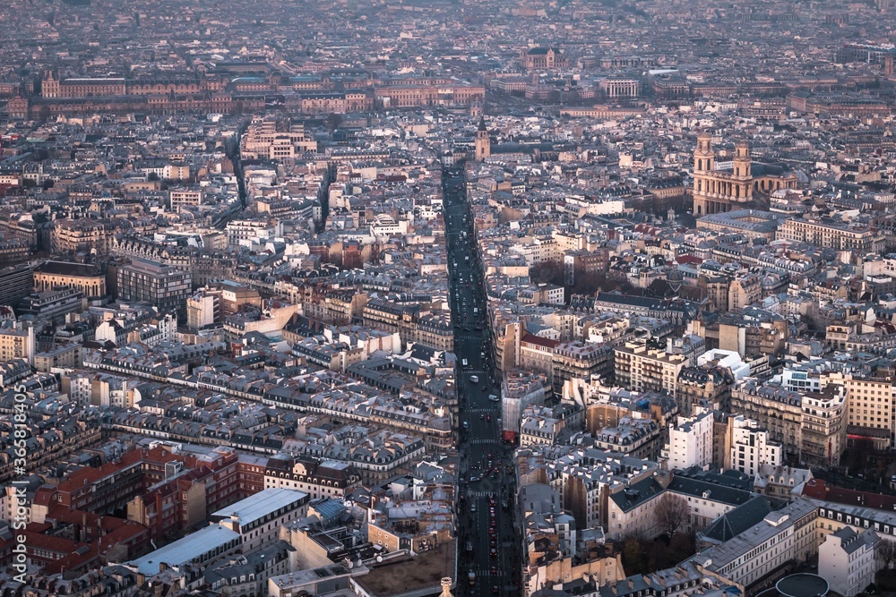 Obraz premium Aerial view of Paris cityscape - wide road and many streets and buildings. Towers of the roman catholic Church of Saint-Sulpice is on the right. .