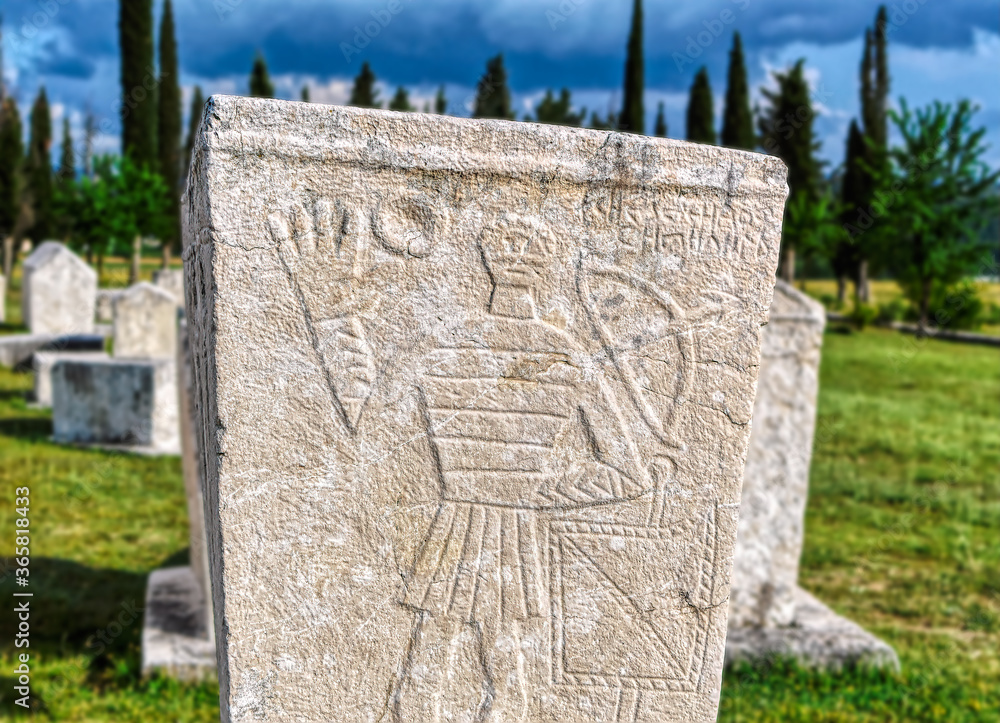Medieval tombstones with bas relief known as stecak in Radimlja, Bosnia and Herzegovina.