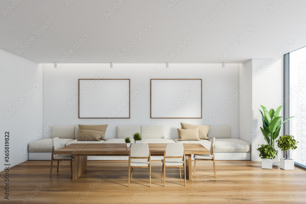 Fototapeta premium White dining room interior with poster gallery