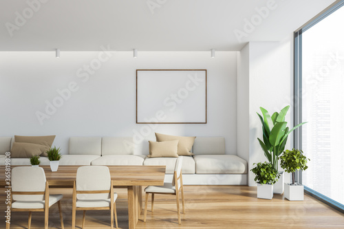 White dining room interior with poster