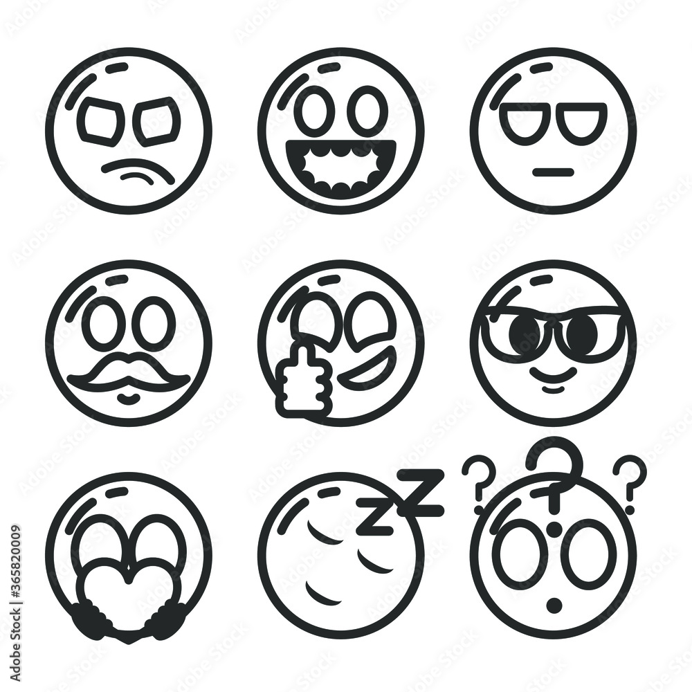 Set Of DIfferent Black Line Smile Vector Icon Emoticons Sign Doodle