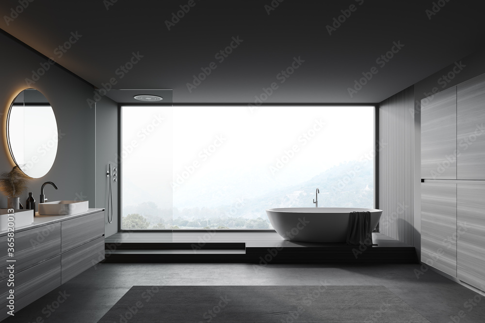 Grey and wood bathroom, tub and sink Grey and wood bathroom, tub and sink