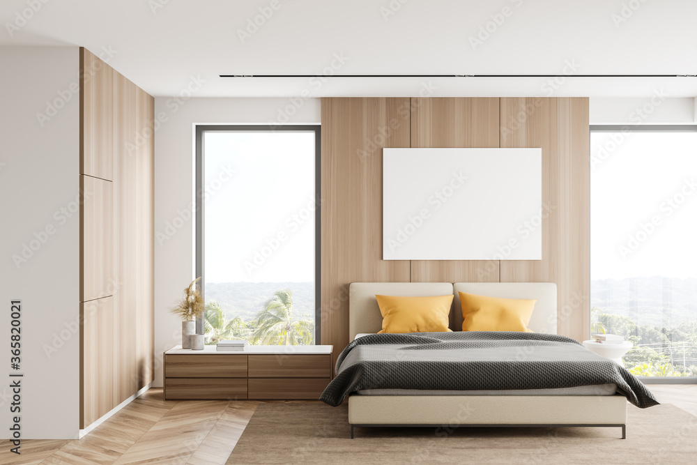 Fototapeta premium White and wooden bedroom with poster
