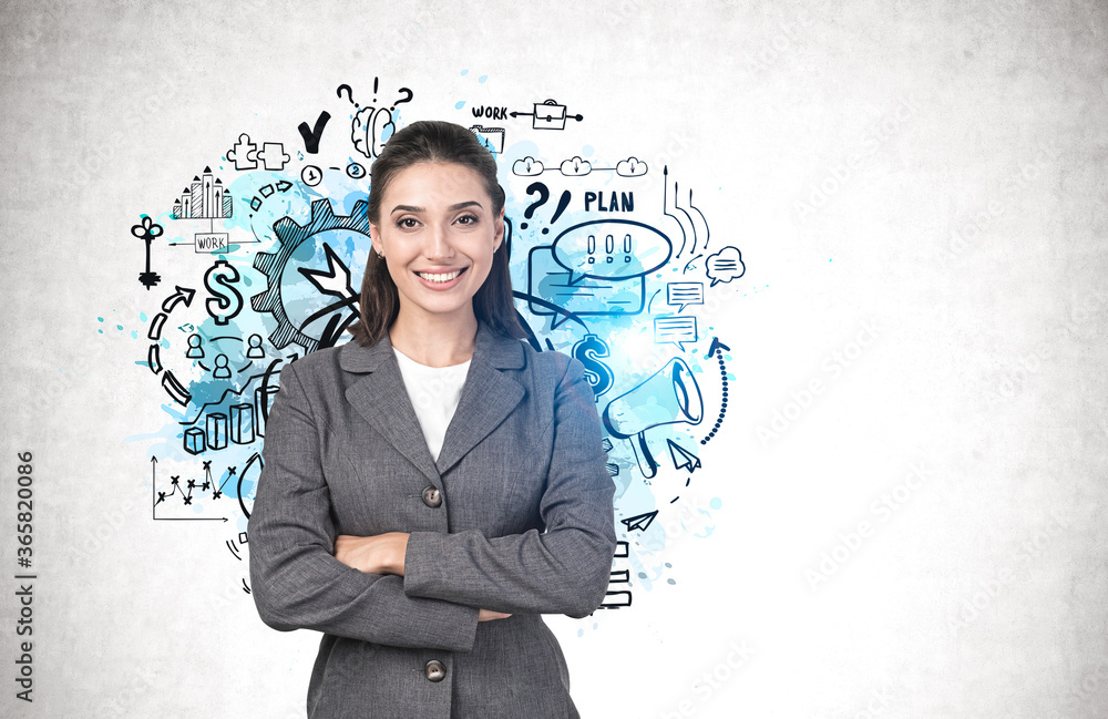 Smiling European woman, business goal sketch Smiling European woman, business goal sketch