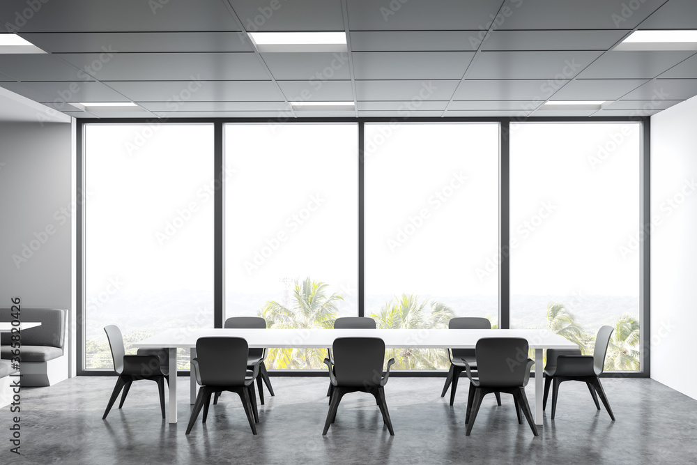 Panoramic white cafeteria with long table Panoramic white cafeteria with long table