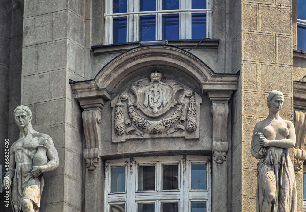 Bas relief traditional decorative composition at urban building in Belgrade, Serbia.