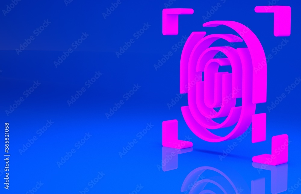 Obraz premium Pink Fingerprint icon isolated on blue background. ID app icon. Identification sign. Touch id. Minimalism concept. 3d illustration. 3D render..