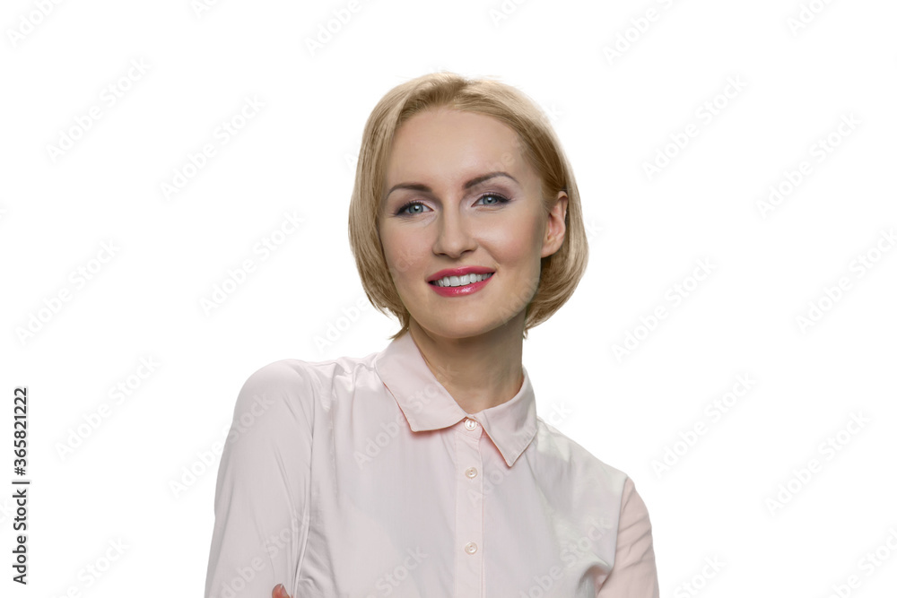 Portrait of blond smiling mature woman. Female employee wearing formal shirt isolated on white. Portrait of blond smiling mature woman. Female employee wearing formal shirt isolated on white.
