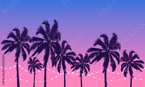 Palm trees at sunset with garlands, vector art illustration.