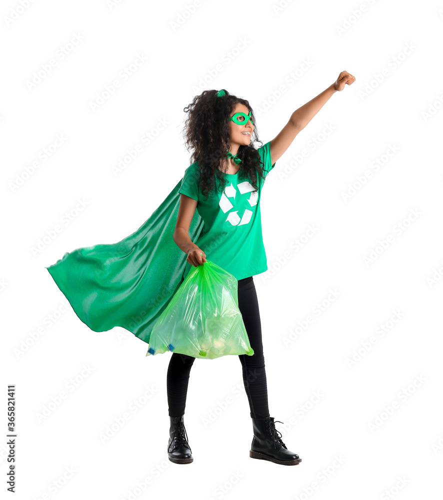 Woman dressed as eco superhero with garbage bag on white background Woman dressed as eco superhero with garbage bag on white background