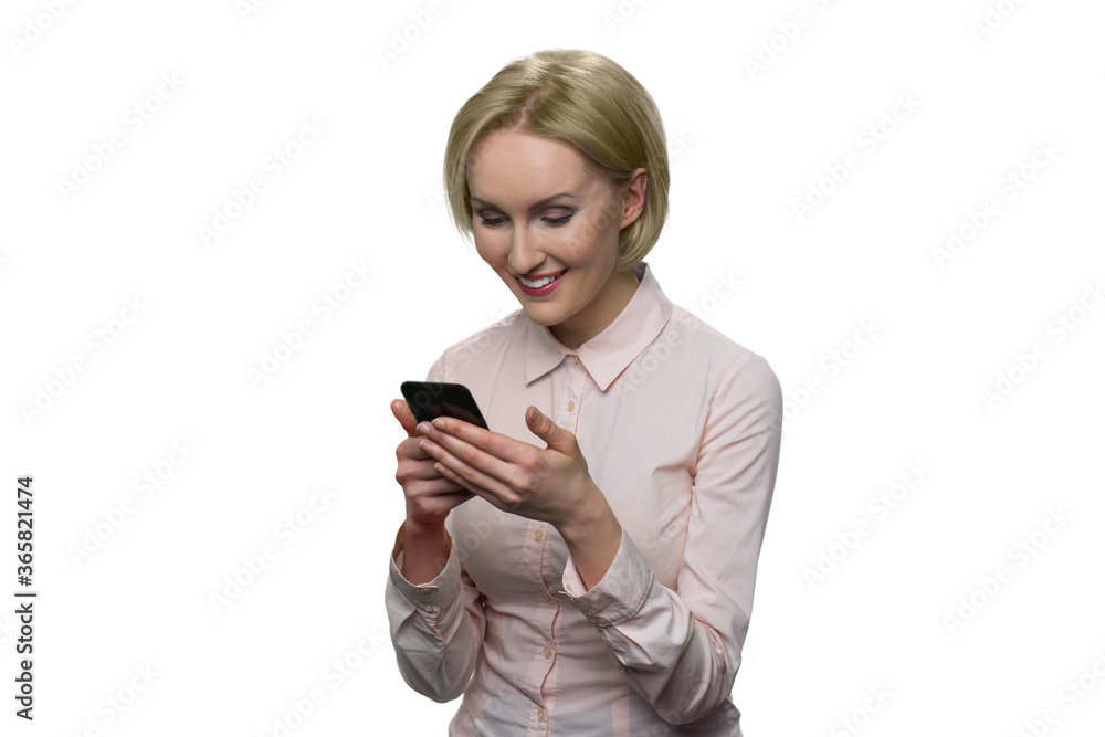 Happy mature woman with phone. Isolated on white background. Happy mature woman with phone. Isolated on white background.