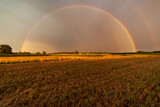 Rainbow over sunflower field and beautiful rainbow in sky, farmland natural view