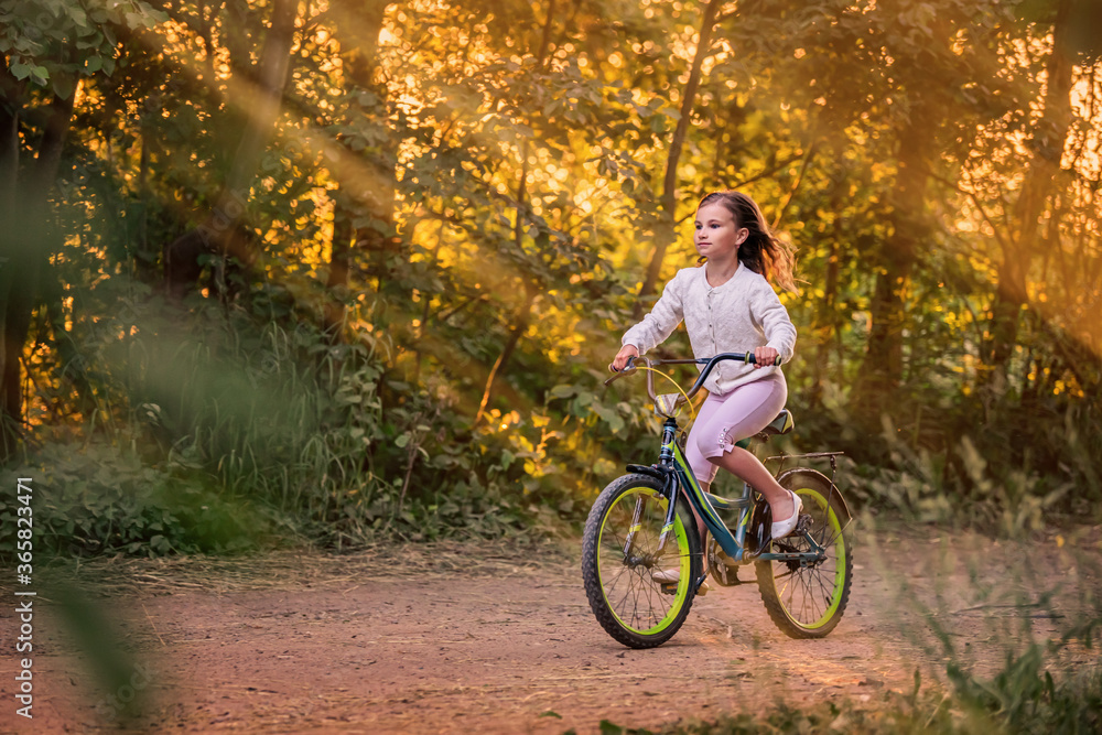 Obraz premium little girl goes with a bicycle on a rural road in nature at sunset 