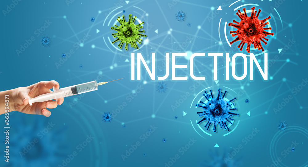 Syringe, medical injection in hand with INJECTION inscription, coronavirus vaccine concept Syringe, medical injection in hand with INJECTION inscription, coronavirus vaccine concept