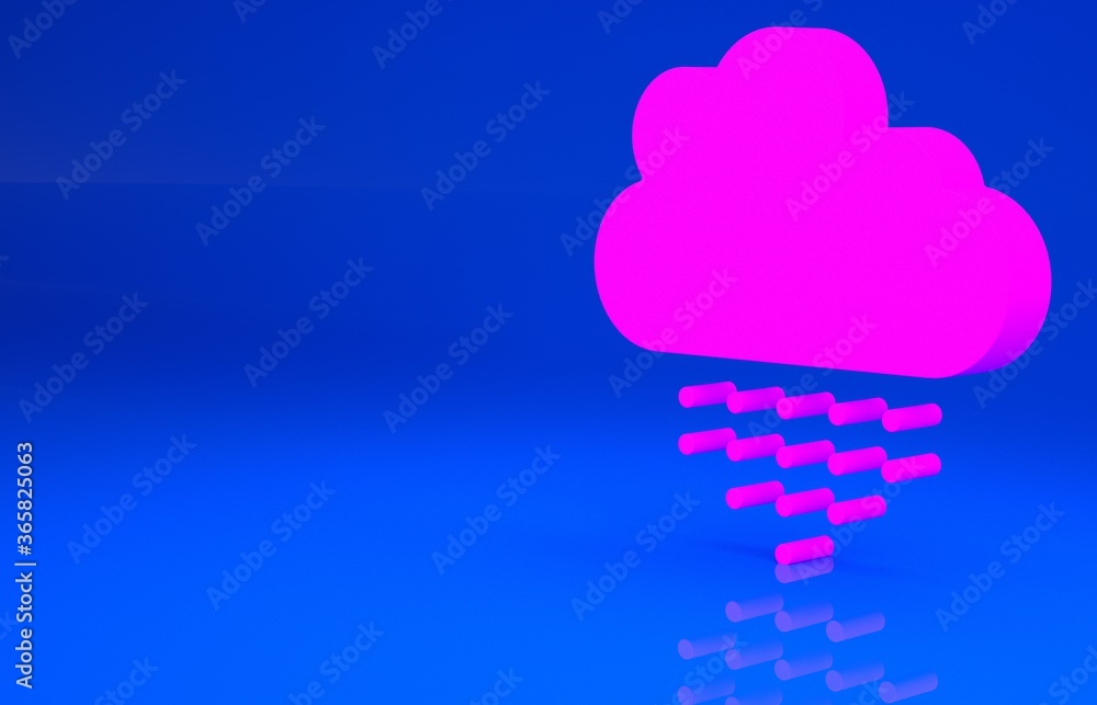 Pink Cloud with rain icon isolated on blue background. Rain cloud precipitation with rain drops. Minimalism concept. 3d illustration. 3D render.. Pink Cloud with rain icon isolated on blue background. Rain cloud precipitation with rain drops. Minimalism concept. 3d illustration. 3D render..