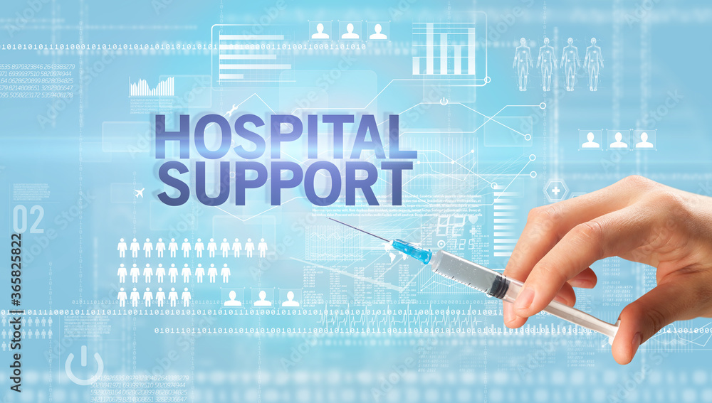 Close-up view of doctor's hand in a white glove holding syringe with HOSPITAL SUPPORT inscription, healthcare and medical concept Close-up view of doctor's hand in a white glove holding syringe with HOSPITAL SUPPORT inscription, healthcare and medical concept