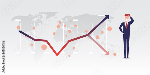 Global Economic Downfall Because of the Corona Virus Pandemic - Will There Be a Second Wave? - Effects on Global Economy, Design Concept with Chart and Businessman Scratching His Head