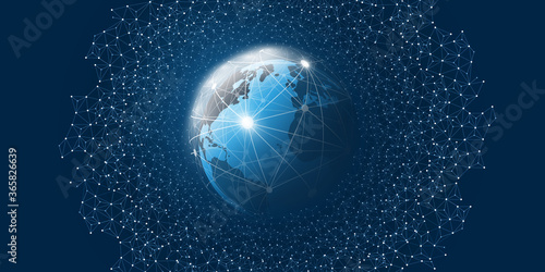 Abstract Blue Minimal Style Cloud Computing, Networks Structure, Telecommunications Concept Design, Network Connections, Transparent Geometric Mesh, Wire Frame and Earth Globe - Vector Illustration